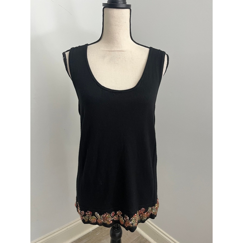 Ellen Tracy Black Knit Shell Top 1X Bamboo Cashmere Embroidered Artsy Vintage‎